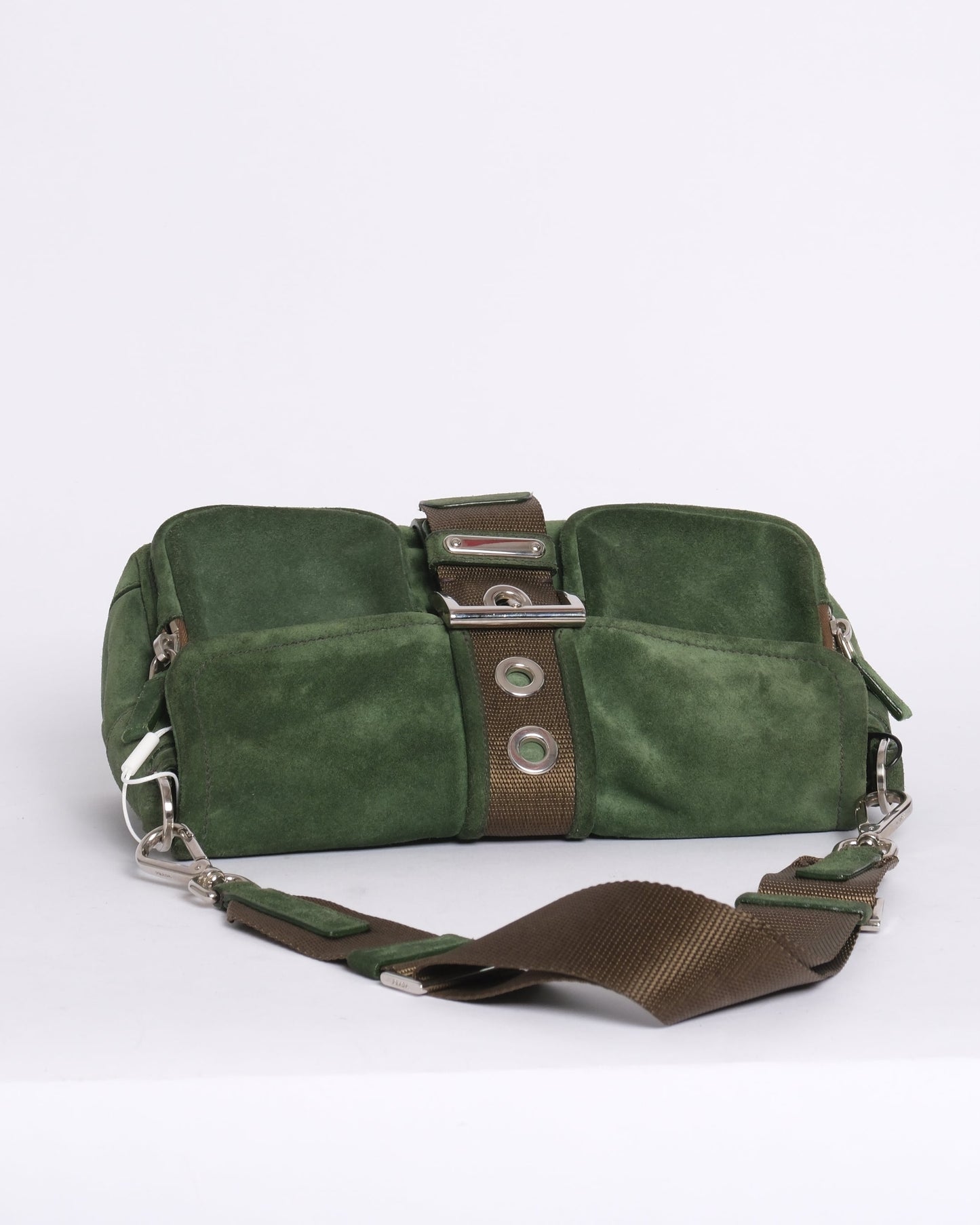 Prada Green & Brown Suede Buckle Flap Shoulder Bag