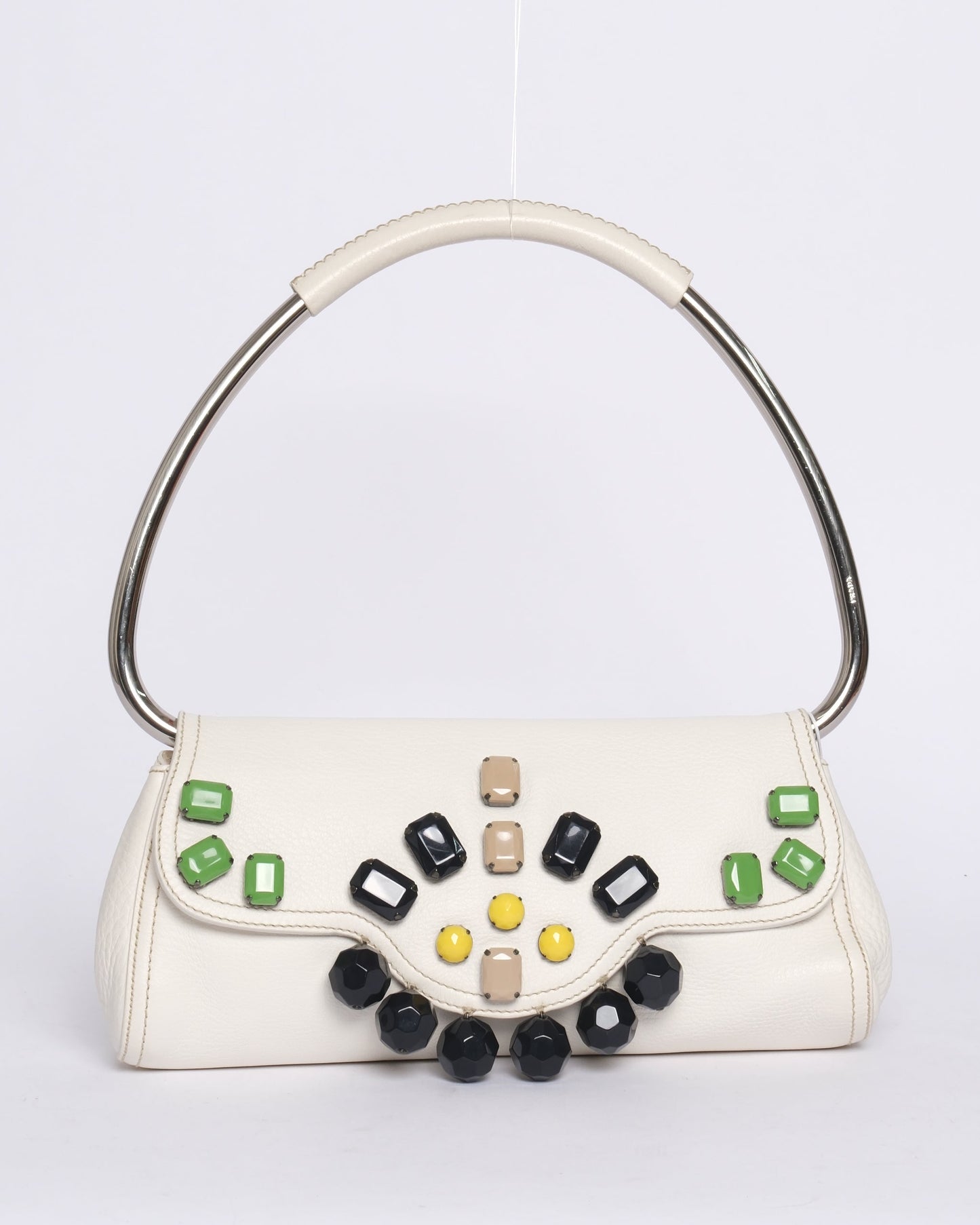Prada White Multicolored Leather Jewel Embellished Metal Handle Shoulder Bag