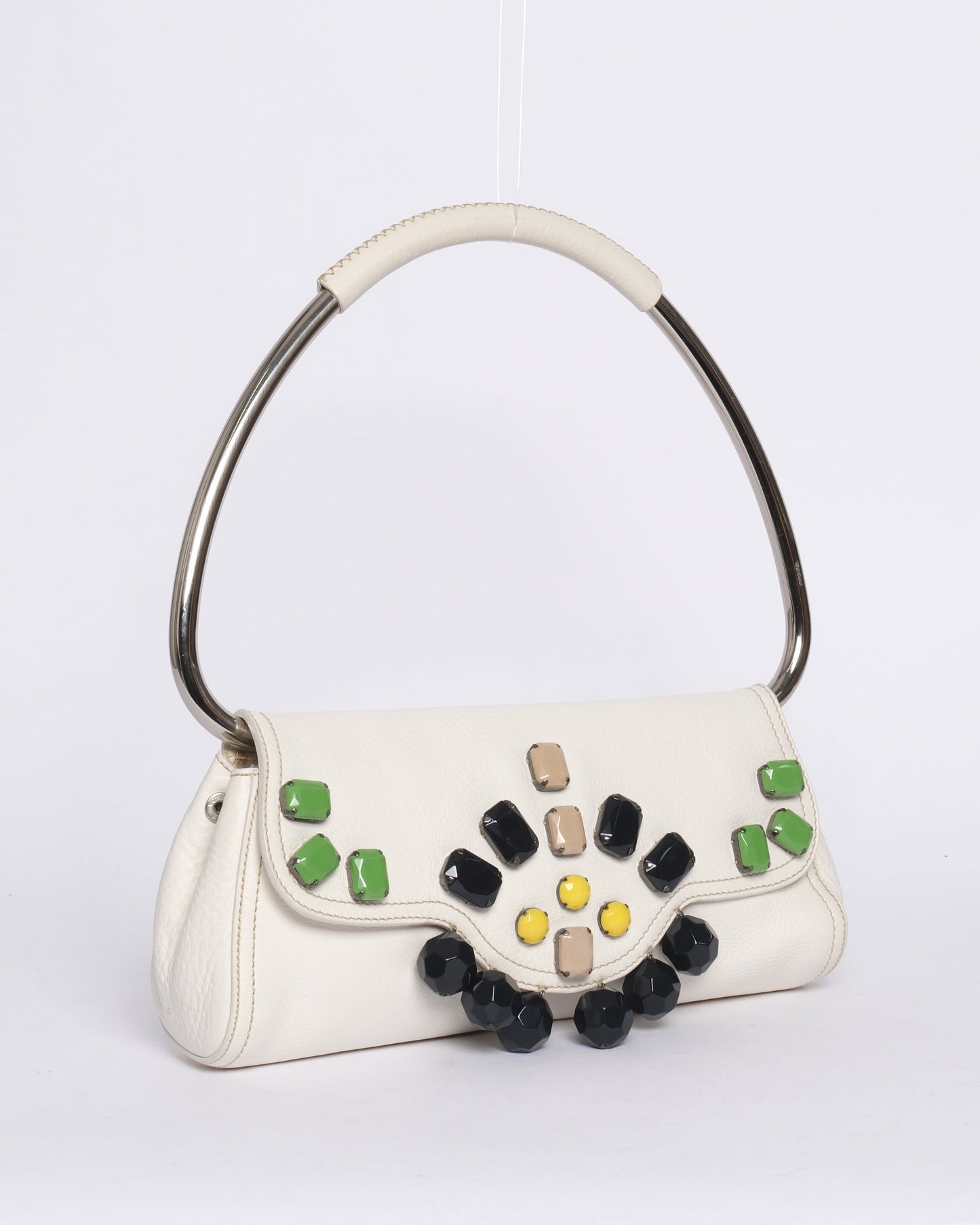 Prada White Multicolored Leather Jewel Embellished Metal Handle Shoulder Bag