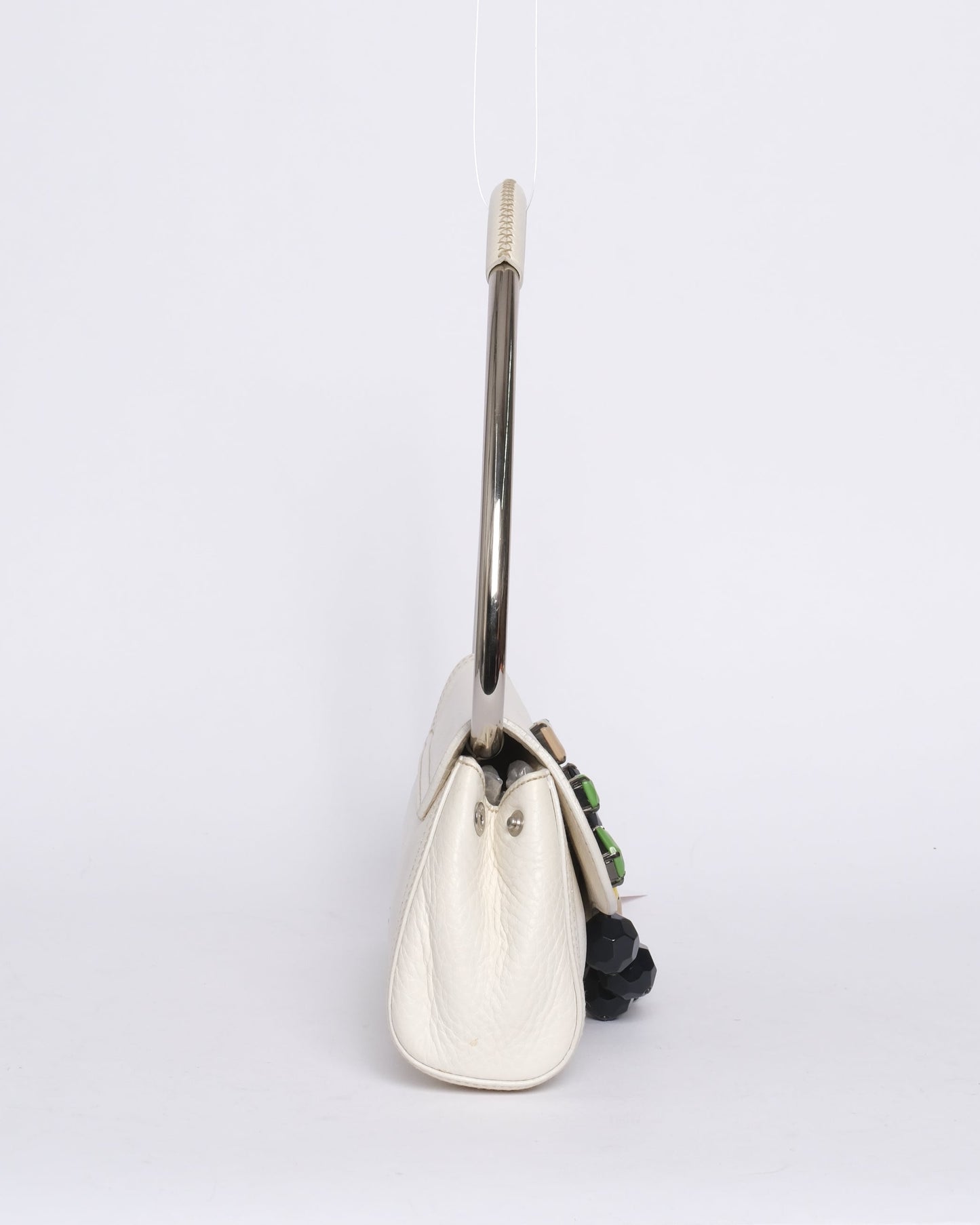 Prada White Multicolored Leather Jewel Embellished Metal Handle Shoulder Bag