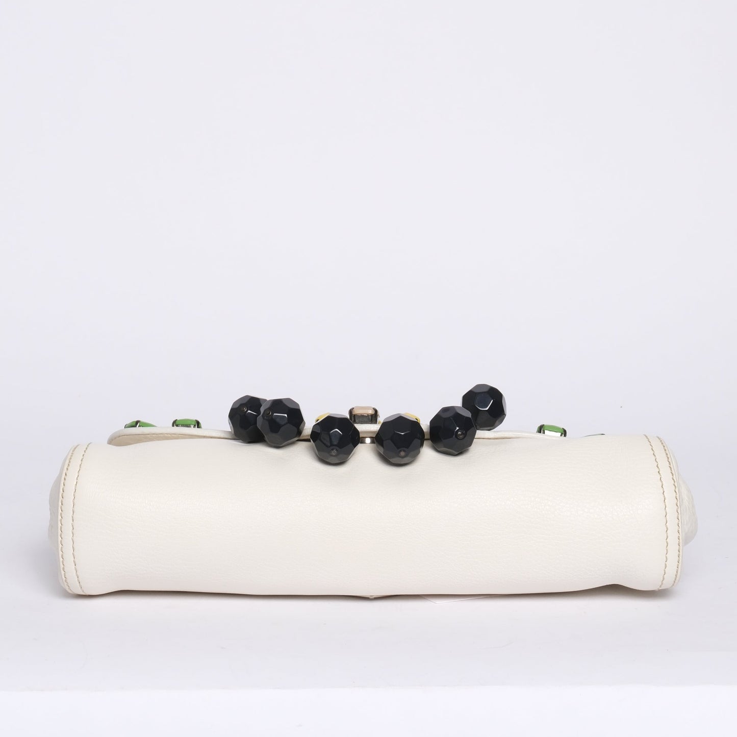Prada White Multicolored Leather Jewel Embellished Metal Handle Shoulder Bag