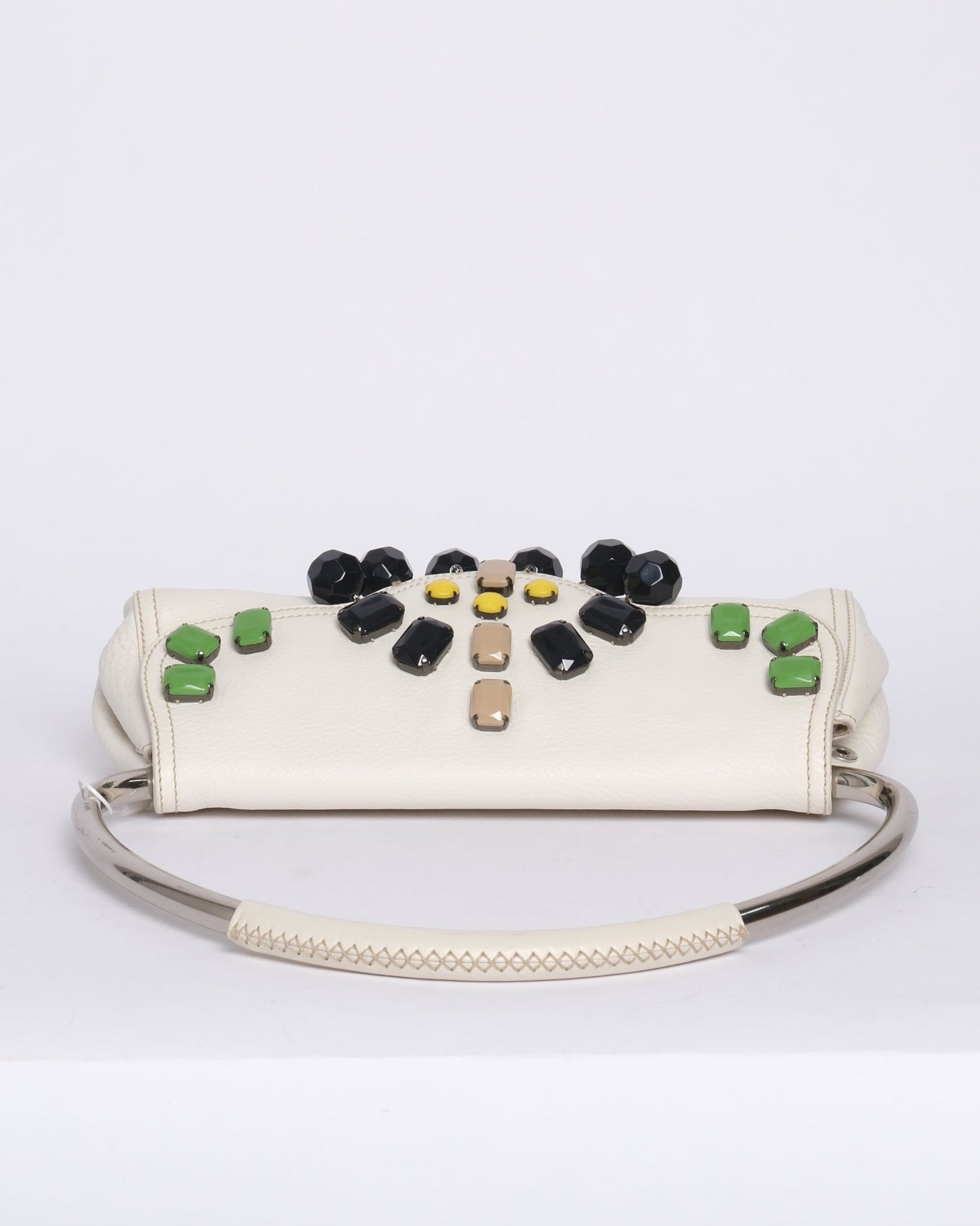 Prada White Multicolored Leather Jewel Embellished Metal Handle Shoulder Bag