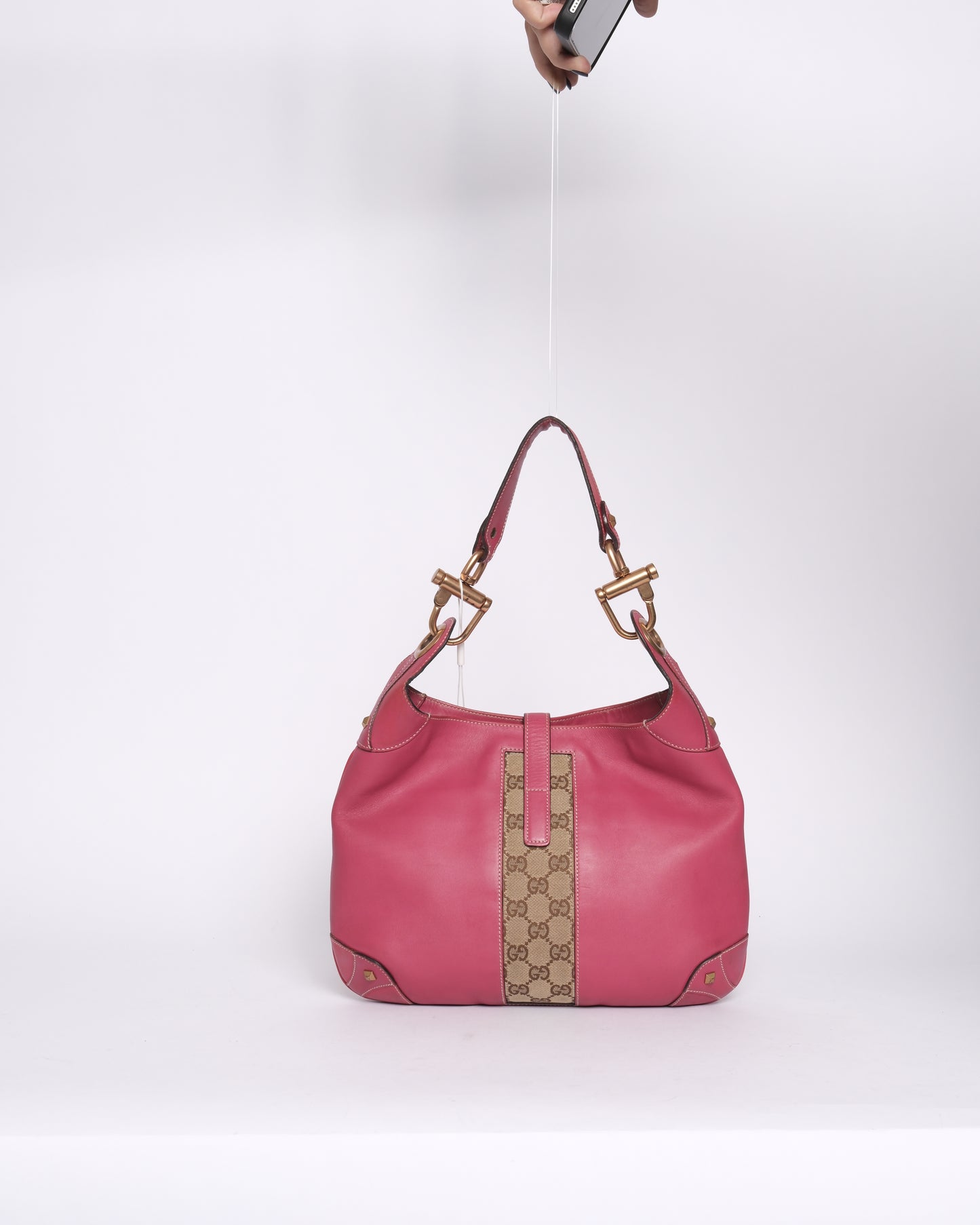 Gucci Pink Leather Bardot Monogram Detail Shoulder Bag