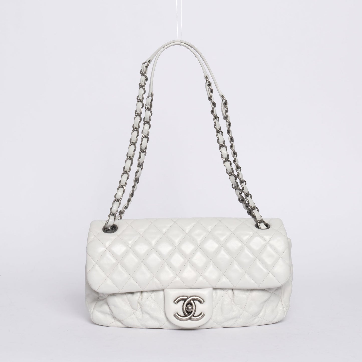 Chanel White Lambskin Leather Quilted Pleated Flap SHW