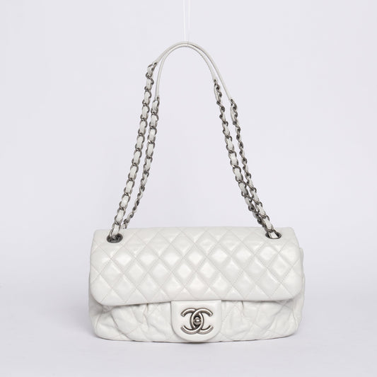 Chanel White Lambskin Leather Quilted Pleated Flap SHW