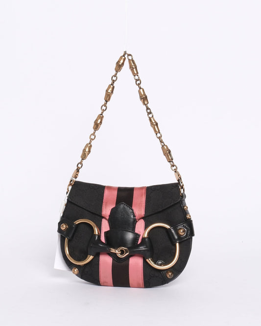 Gucci Black & Pink Canvas & Satin Horsebit Mini Shoulder Bag