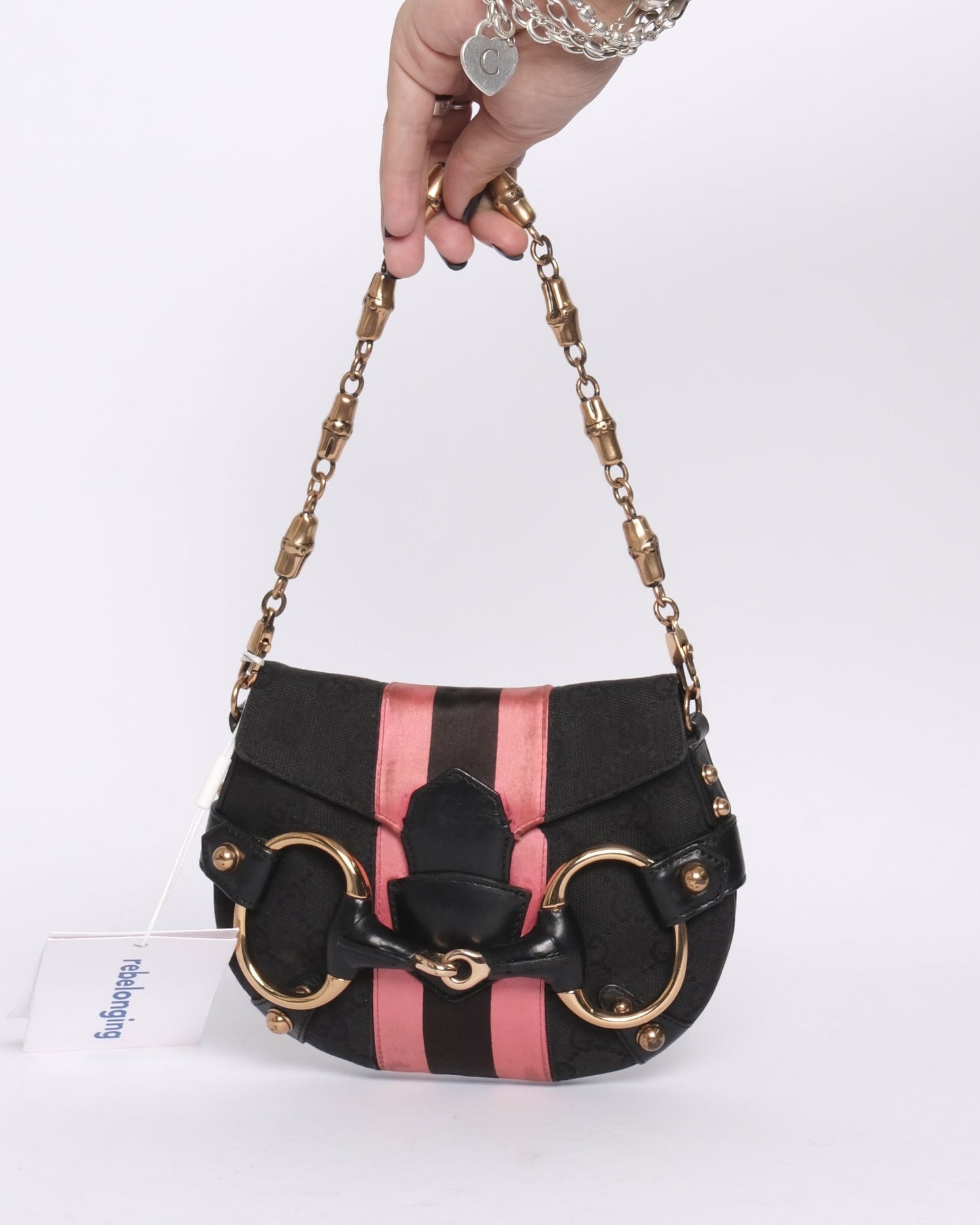 Gucci Black & Pink Canvas & Satin Horsebit Mini Shoulder Bag