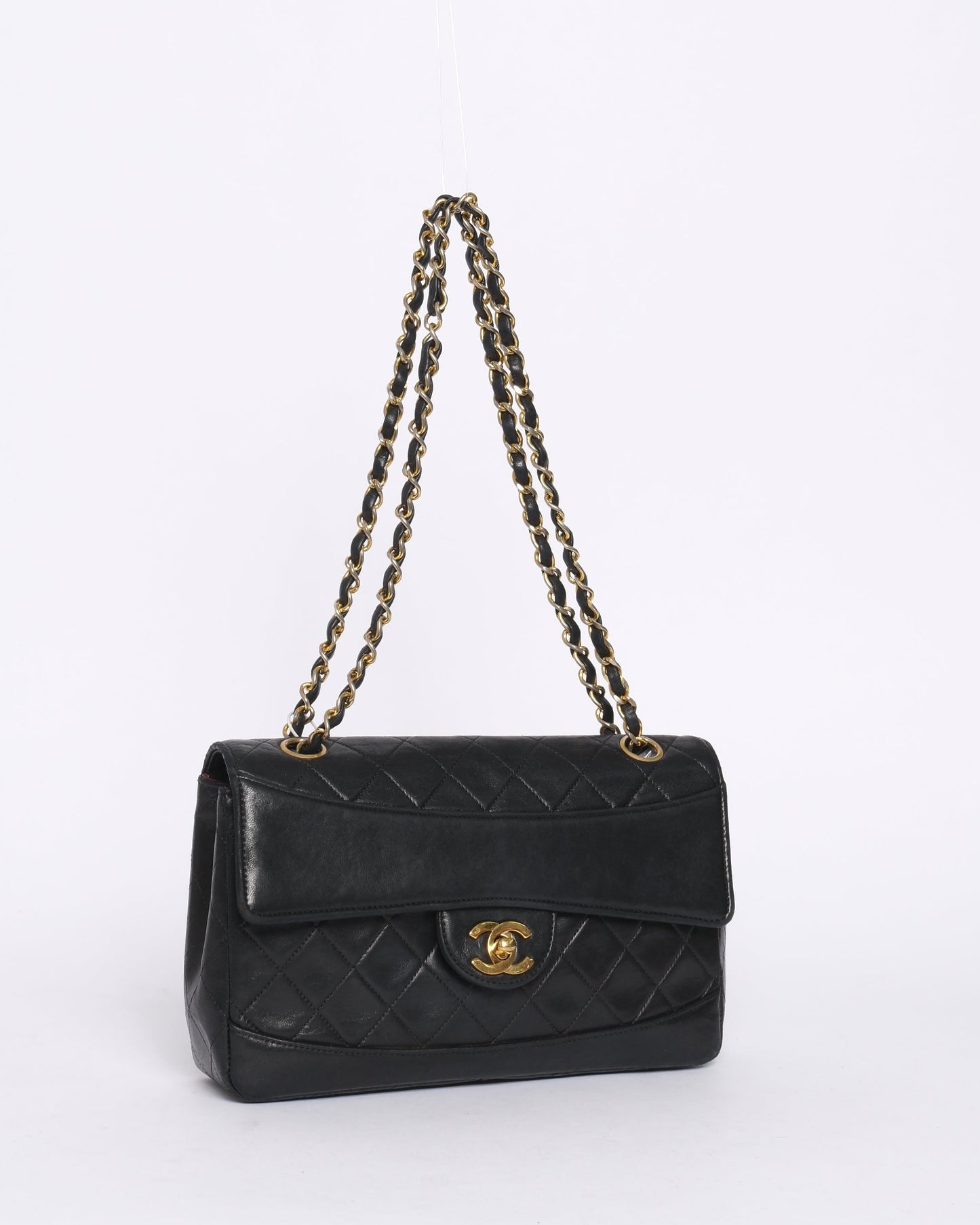 Chanel 1989 Black Lambskin Quilted Matelasse Chain Turn Lock Flap