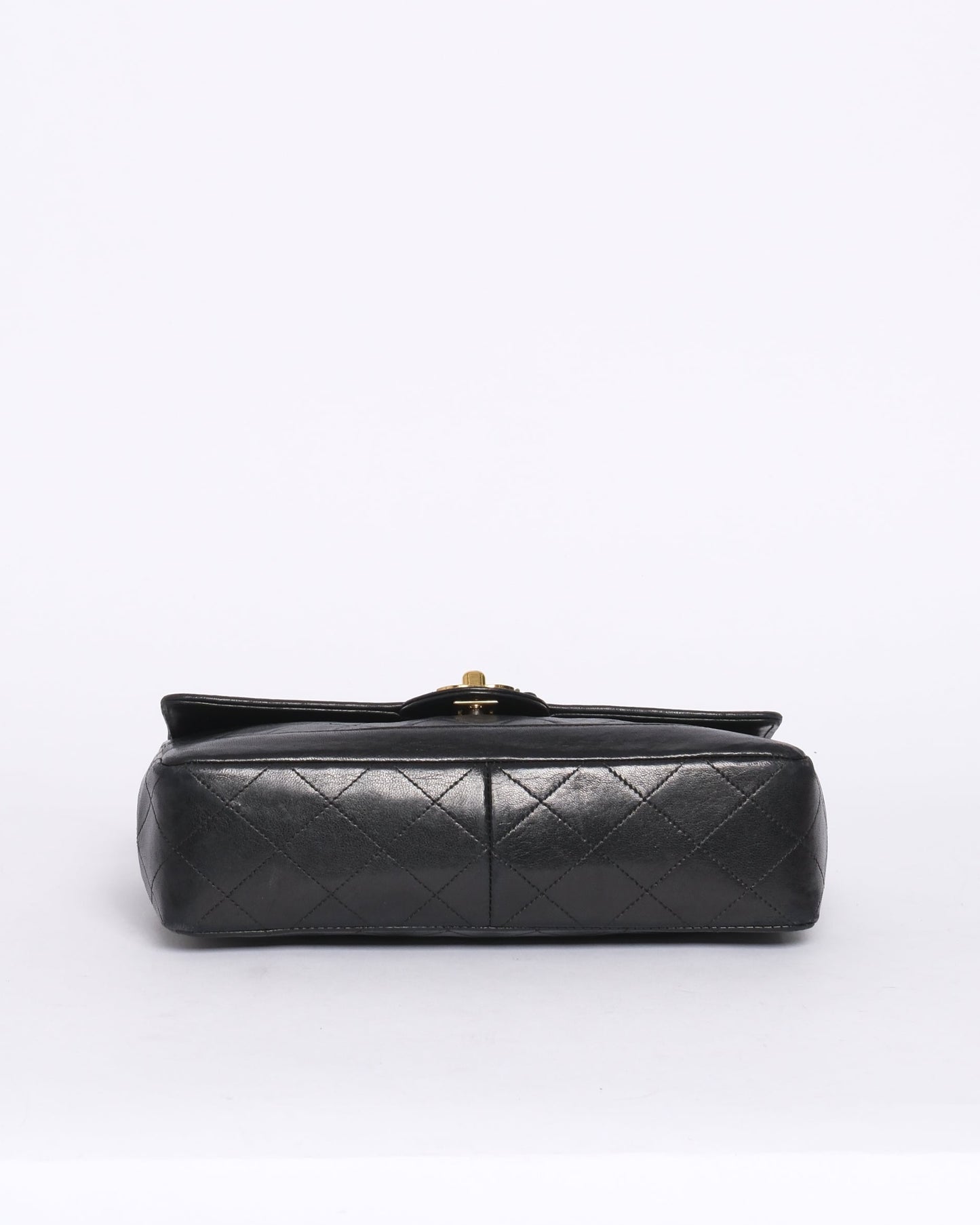 Chanel 1989 Black Lambskin Quilted Matelasse Chain Turn Lock Flap