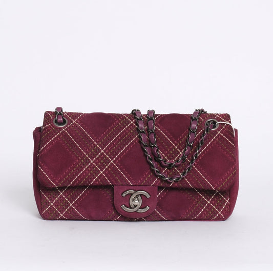 Chanel Burgundy Suede Wild Stitch Paris-Edinburgh Saltire Flap SHW