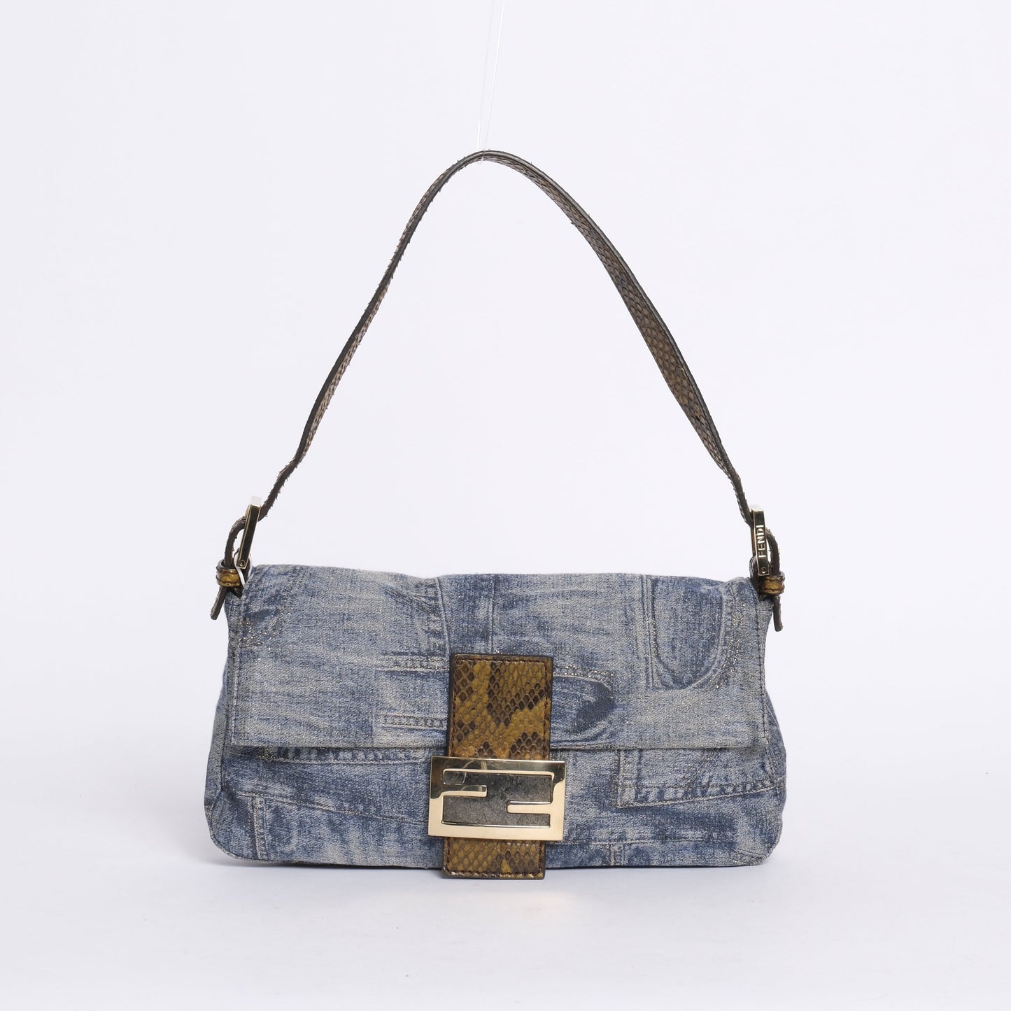 RARE Fendi Denim Metallic Print Python Trim Stone Hardware Baguette Shoulder Bag
