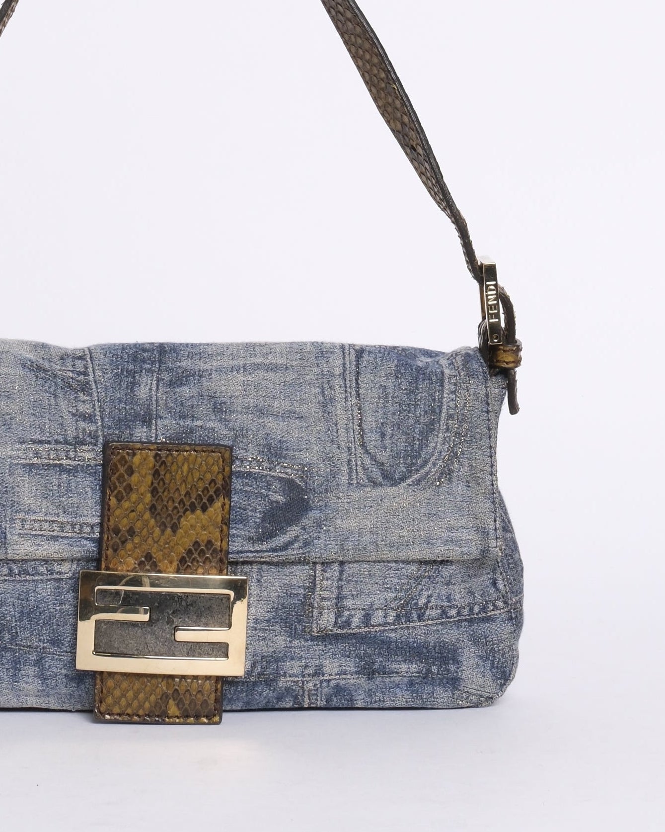 RARE Fendi Denim Metallic Print Python Trim Stone Hardware Baguette Shoulder Bag