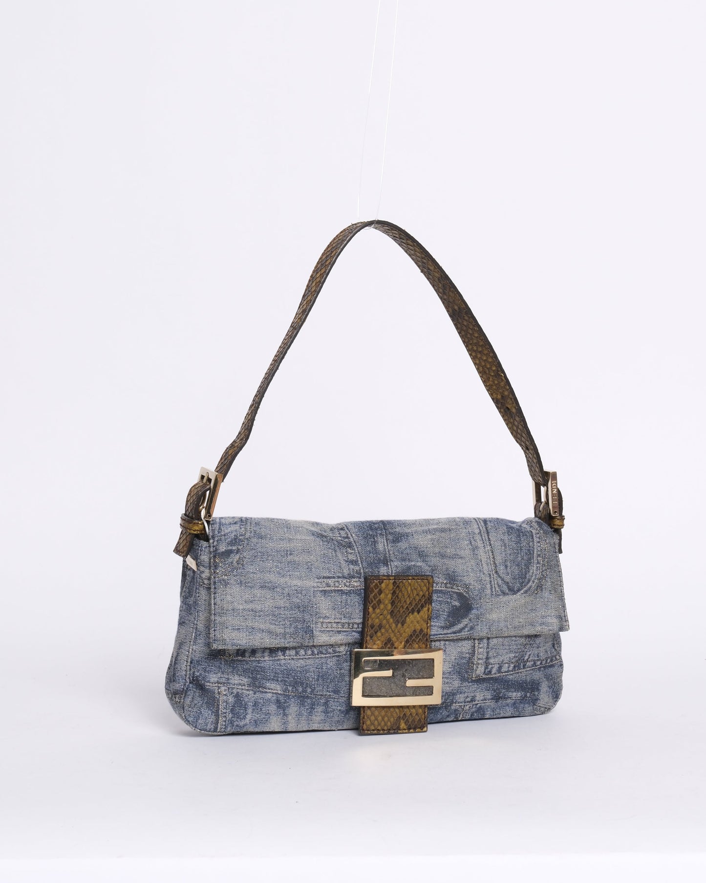 RARE Fendi Denim Metallic Print Python Trim Stone Hardware Baguette Shoulder Bag