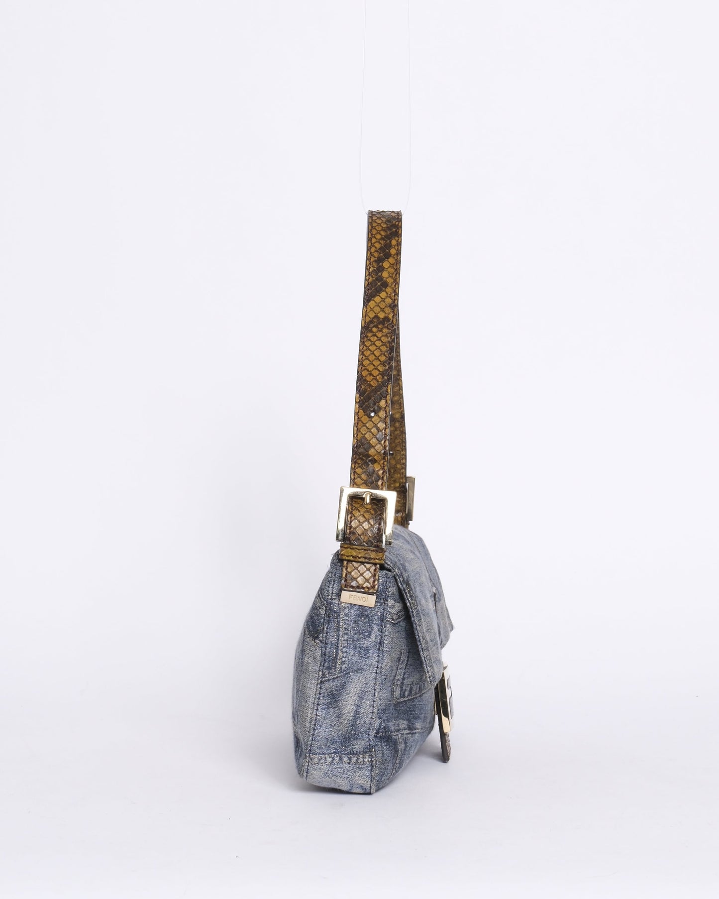 RARE Fendi Denim Metallic Print Python Trim Stone Hardware Baguette Shoulder Bag