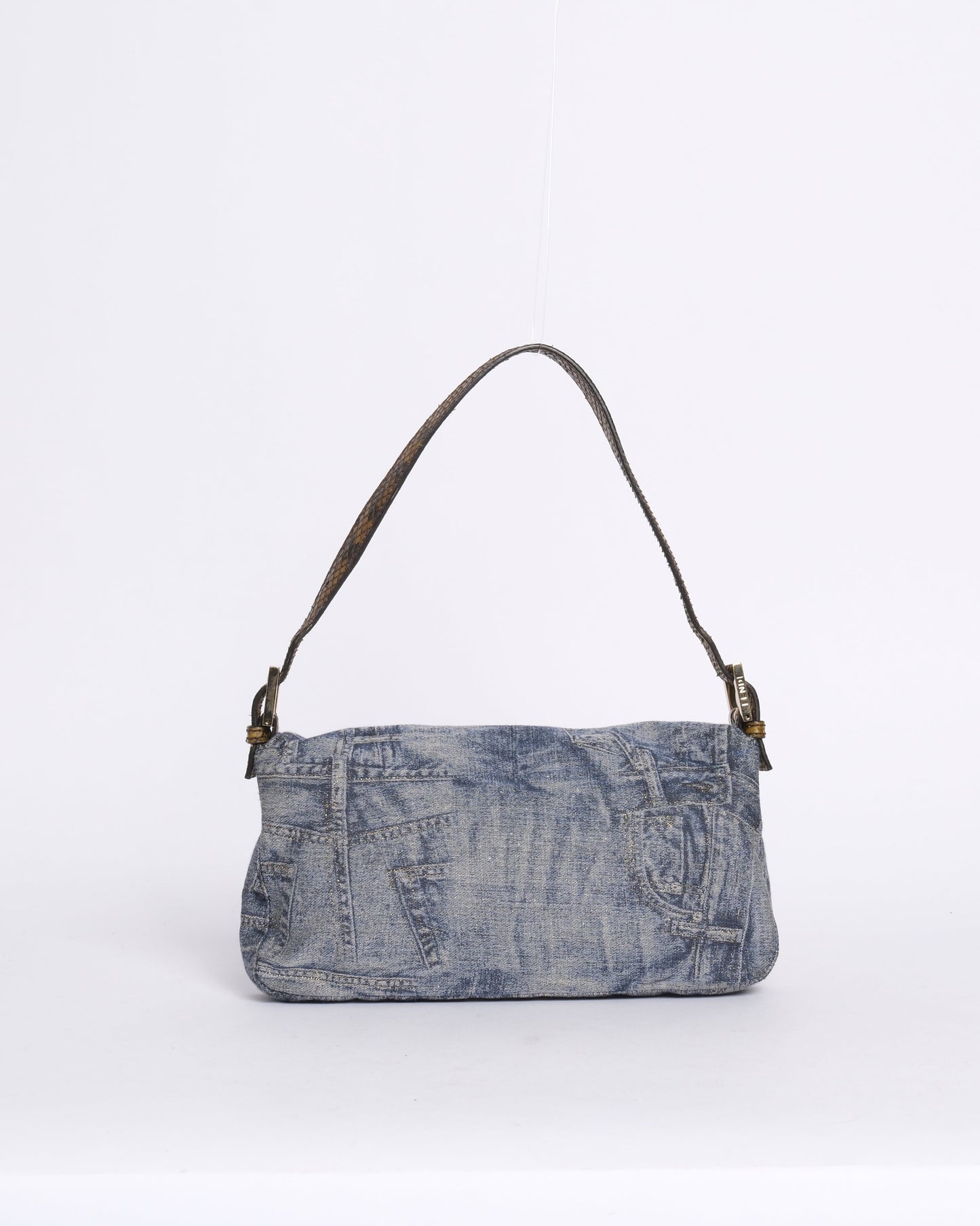 RARE Fendi Denim Metallic Print Python Trim Stone Hardware Baguette Shoulder Bag