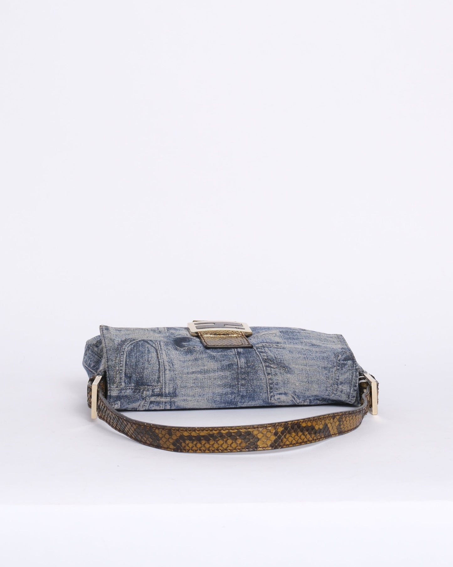 RARE Fendi Denim Metallic Print Python Trim Stone Hardware Baguette Shoulder Bag