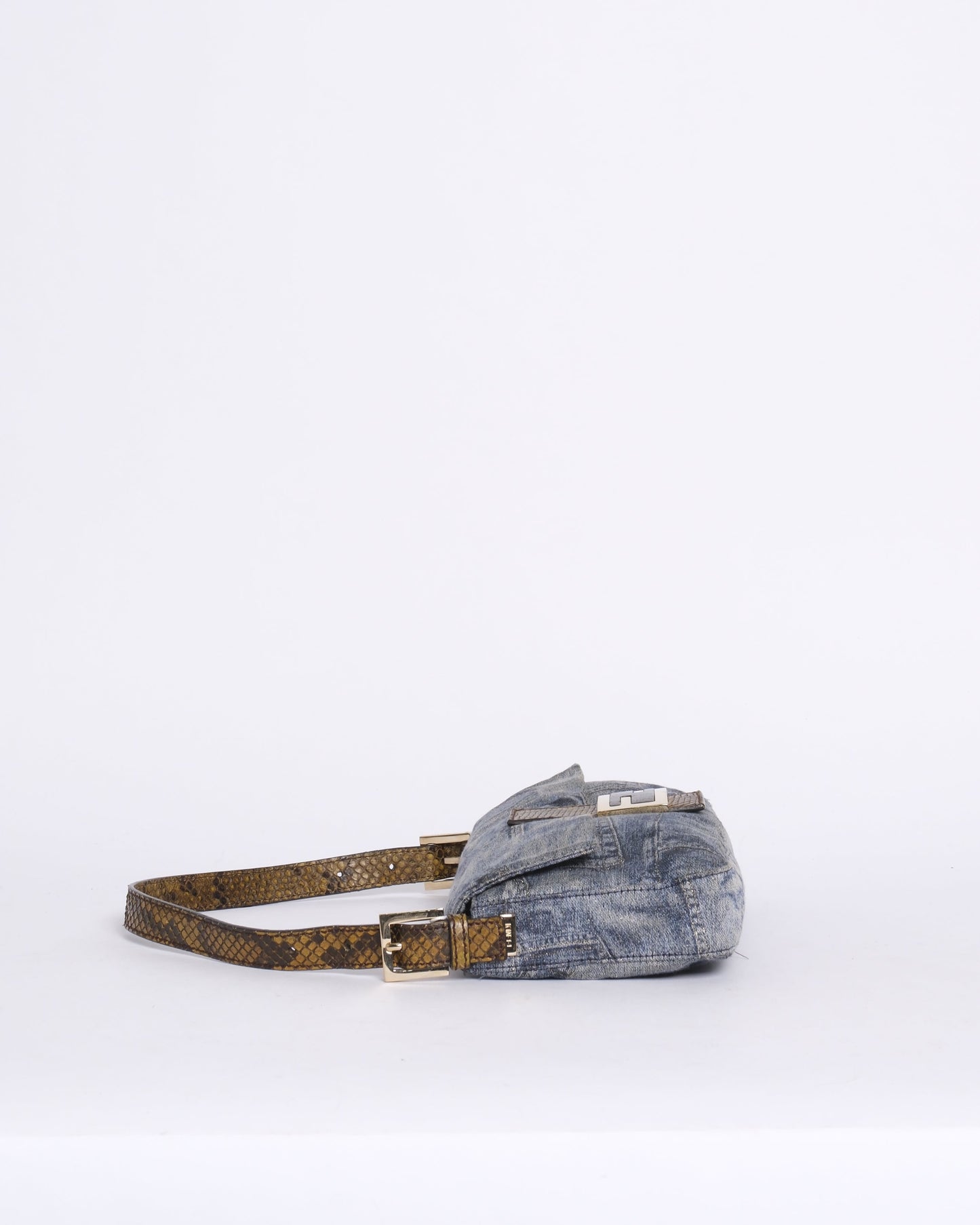 RARE Fendi Denim Metallic Print Python Trim Stone Hardware Baguette Shoulder Bag