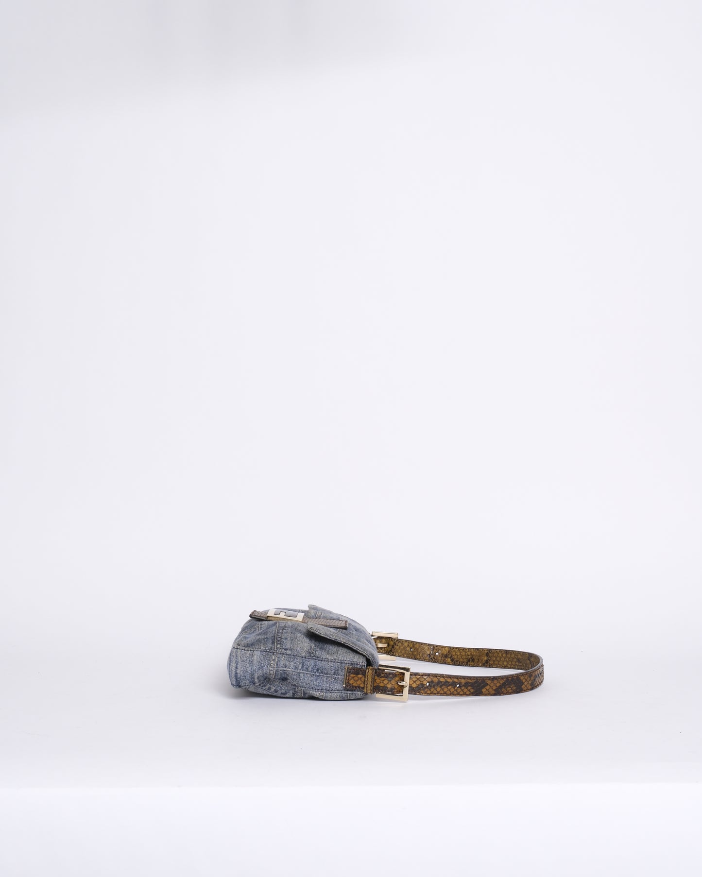RARE Fendi Denim Metallic Print Python Trim Stone Hardware Baguette Shoulder Bag