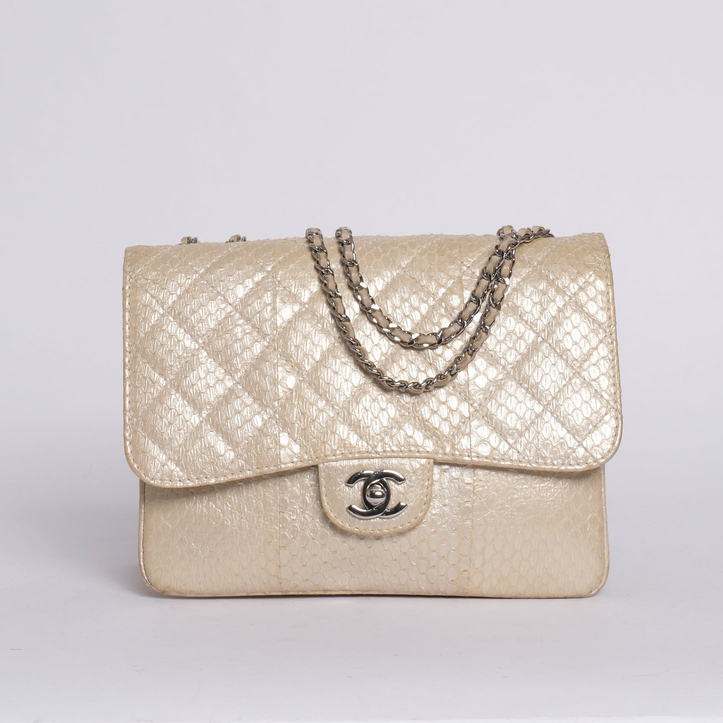 Chanel Python Metallic Cream Accordion Flap Bag