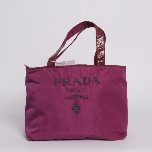 RARE Prada Purple Nylon & Snakeskin Beaded Logo Small Tote Bag