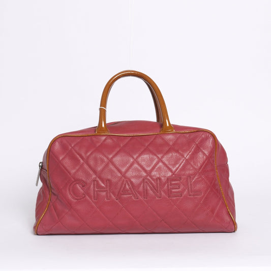 Chanel Red Caviar Leather Quilted Embroidered Boston Bag