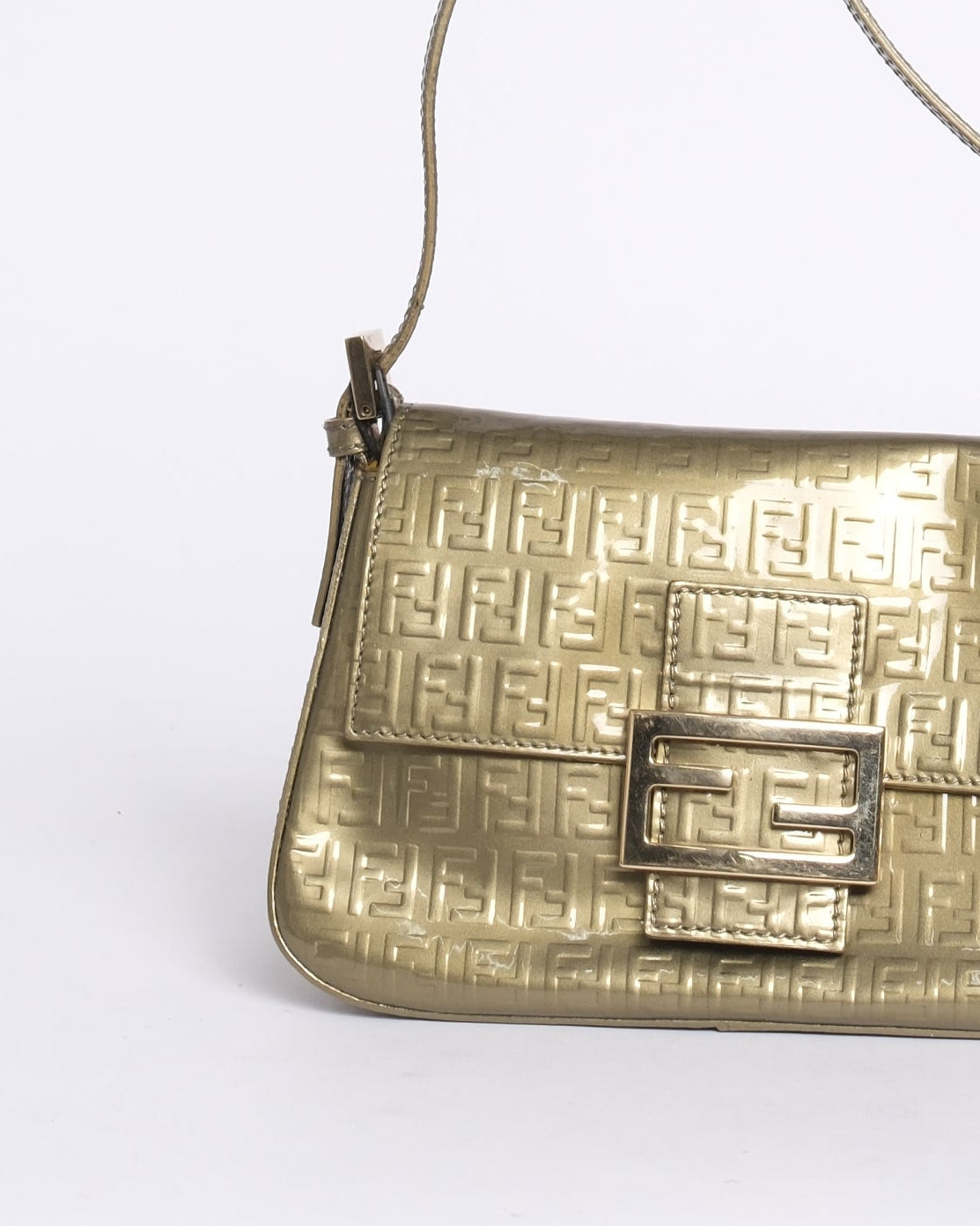 Fendi Olive Patent Leather Zucchino Mini Mamma Baguette Shoulder Bag
