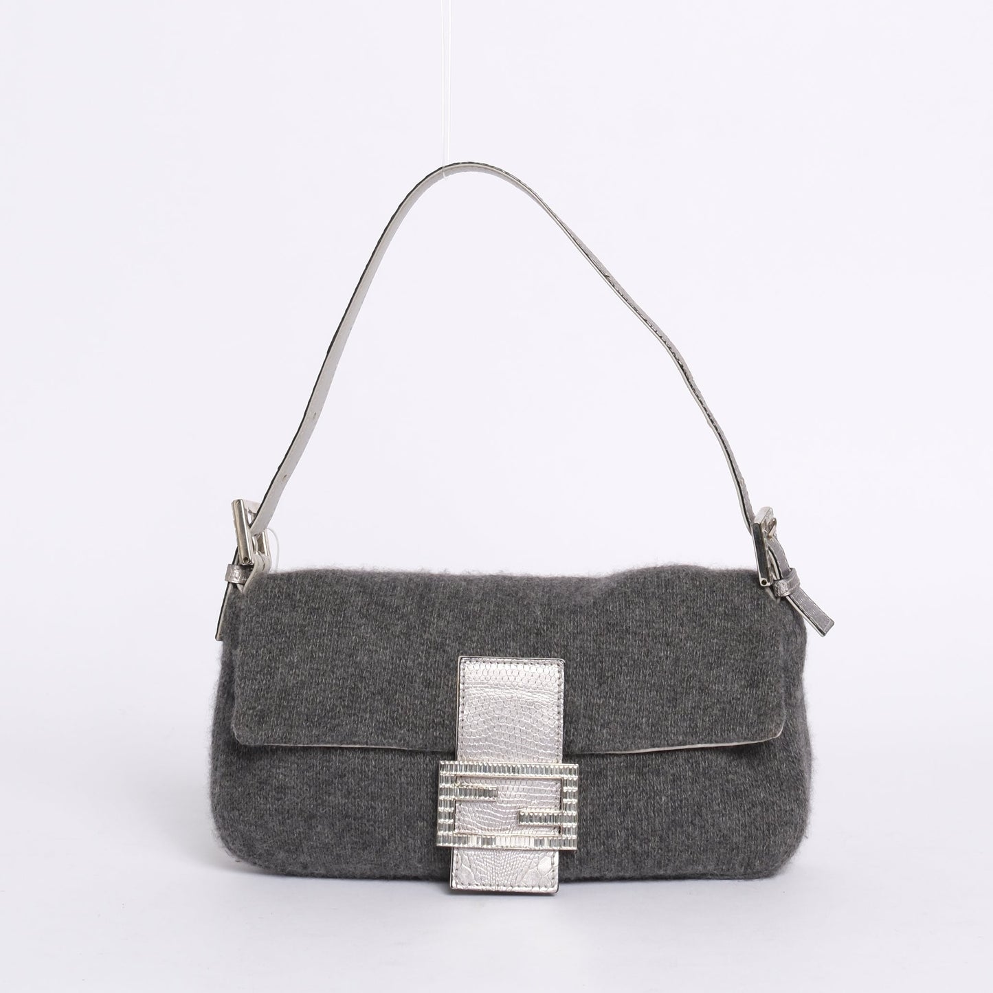 Fendi Gray Wool & Lizard Baguette Shoulder Bag