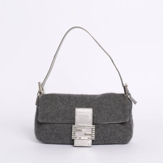 Fendi Gray Wool & Lizard Baguette Shoulder Bag