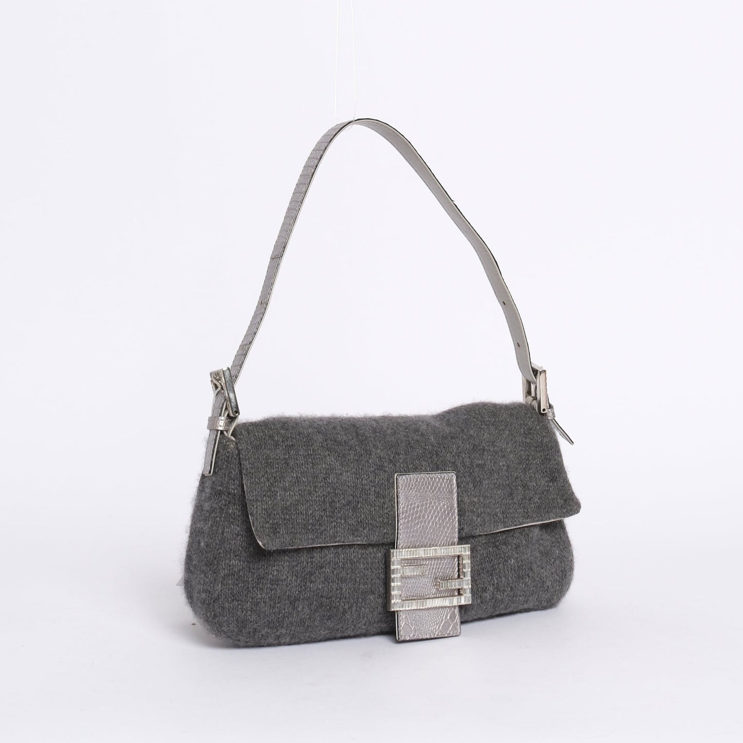 Fendi Gray Wool & Lizard Baguette Shoulder Bag