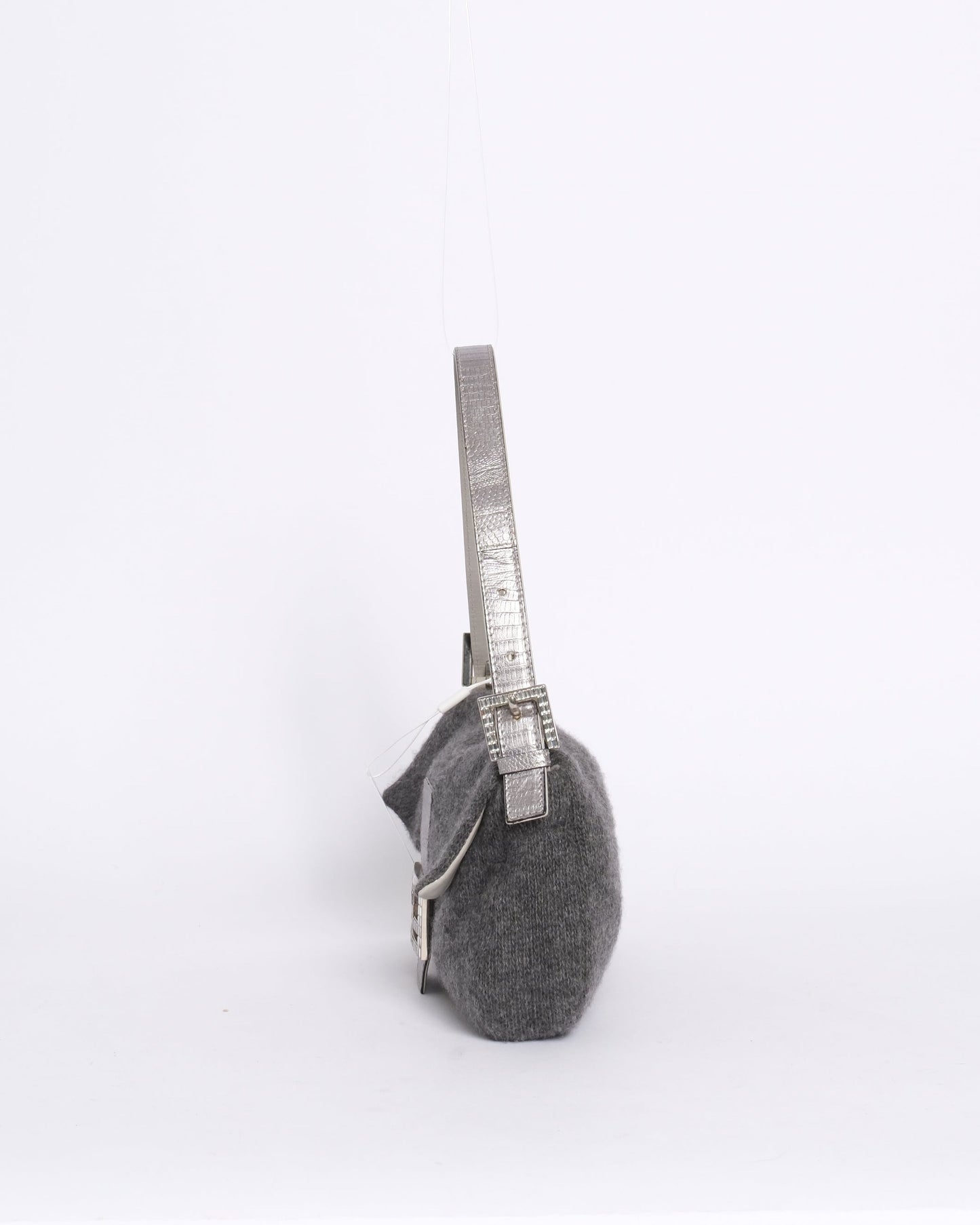 Fendi Gray Wool & Lizard Baguette Shoulder Bag