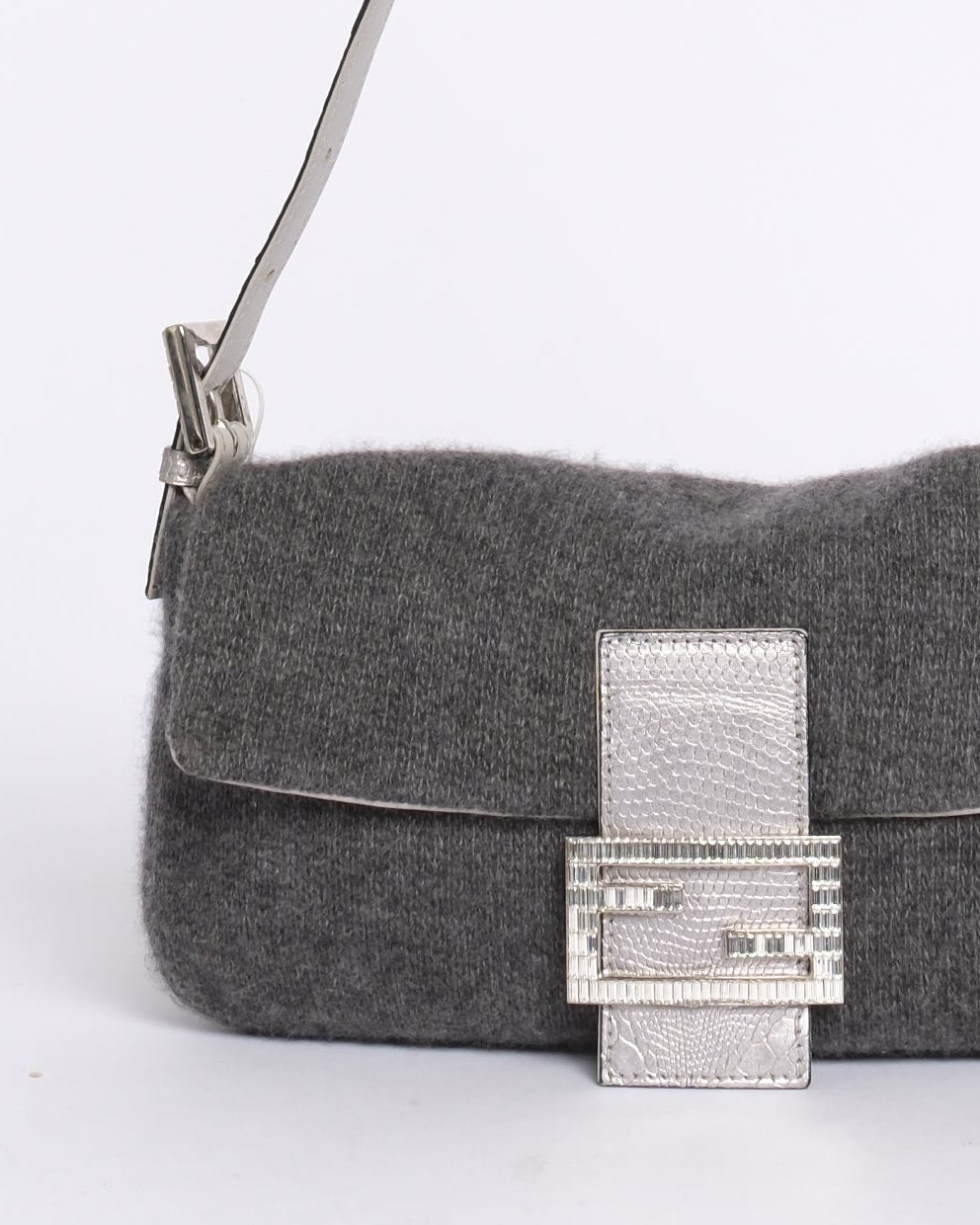 Fendi Gray Wool & Lizard Baguette Shoulder Bag