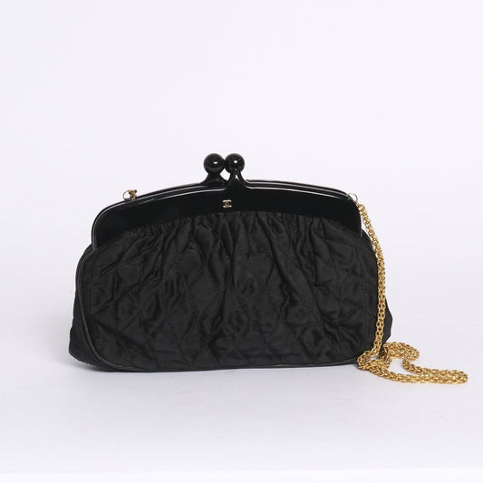 Chanel Black Nylon Quilted Kiss Lock Chain Shoulder Bag GHW