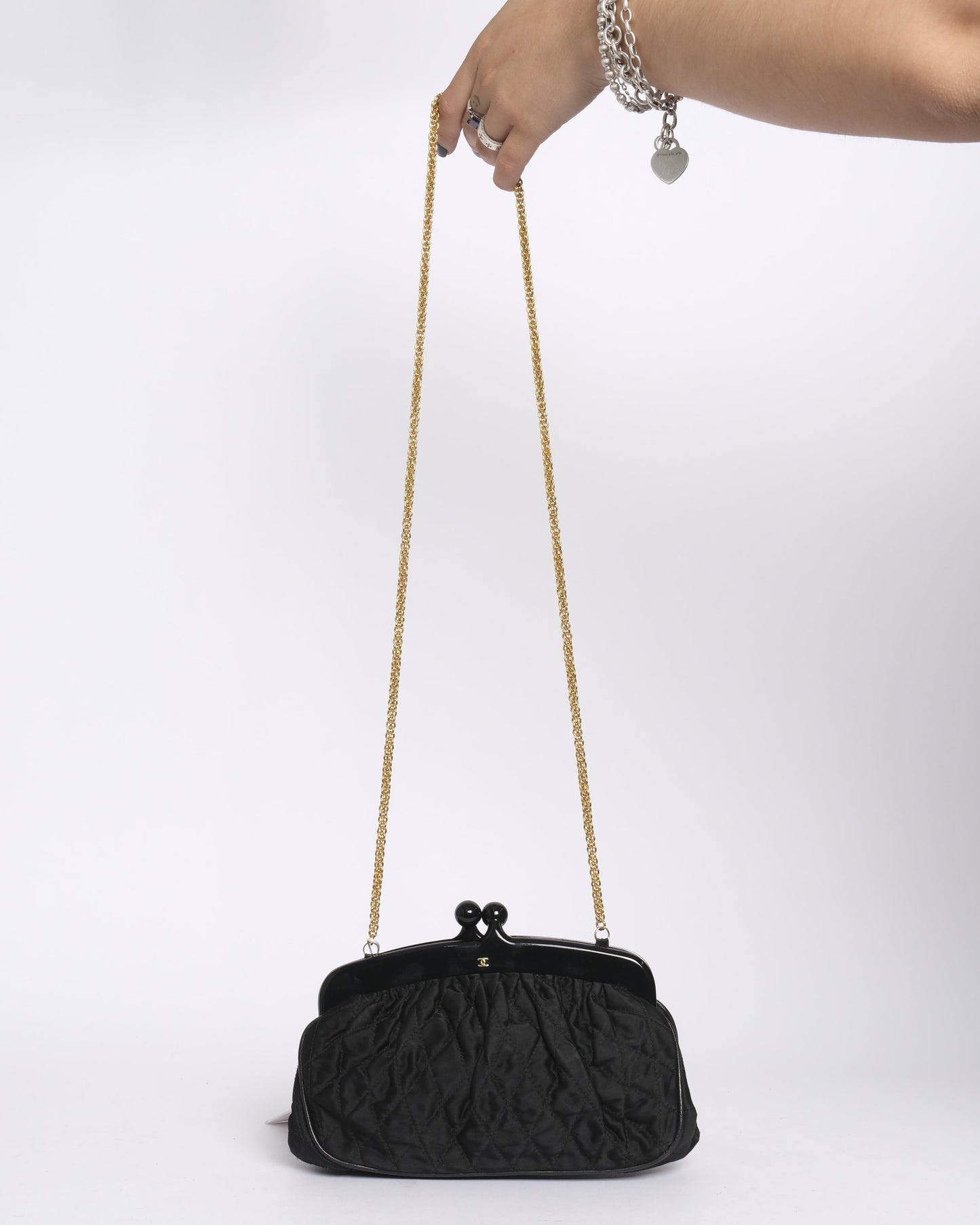 Chanel Black Nylon Quilted Kiss Lock Chain Shoulder Bag GHW
