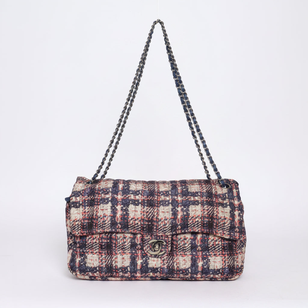 Chanel 2013 Multicolor Nylon Printed Tweed Jumbo Flap w/ Interior Pouch