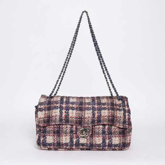 Chanel 2013 Multicolor Nylon Printed Tweed Jumbo Flap w/ Interior Pouch