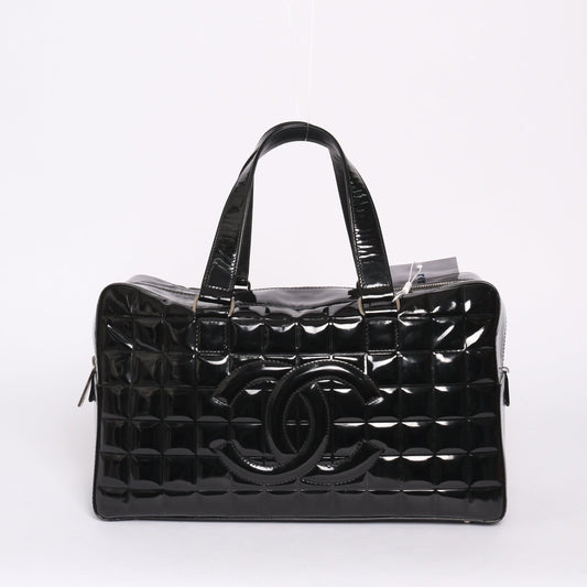 Chanel Black Patent Leather Chocolate Bar Boston Bag