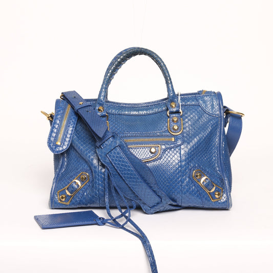 Balenciaga Blue Snakeskin Leather Small City Bag GHW