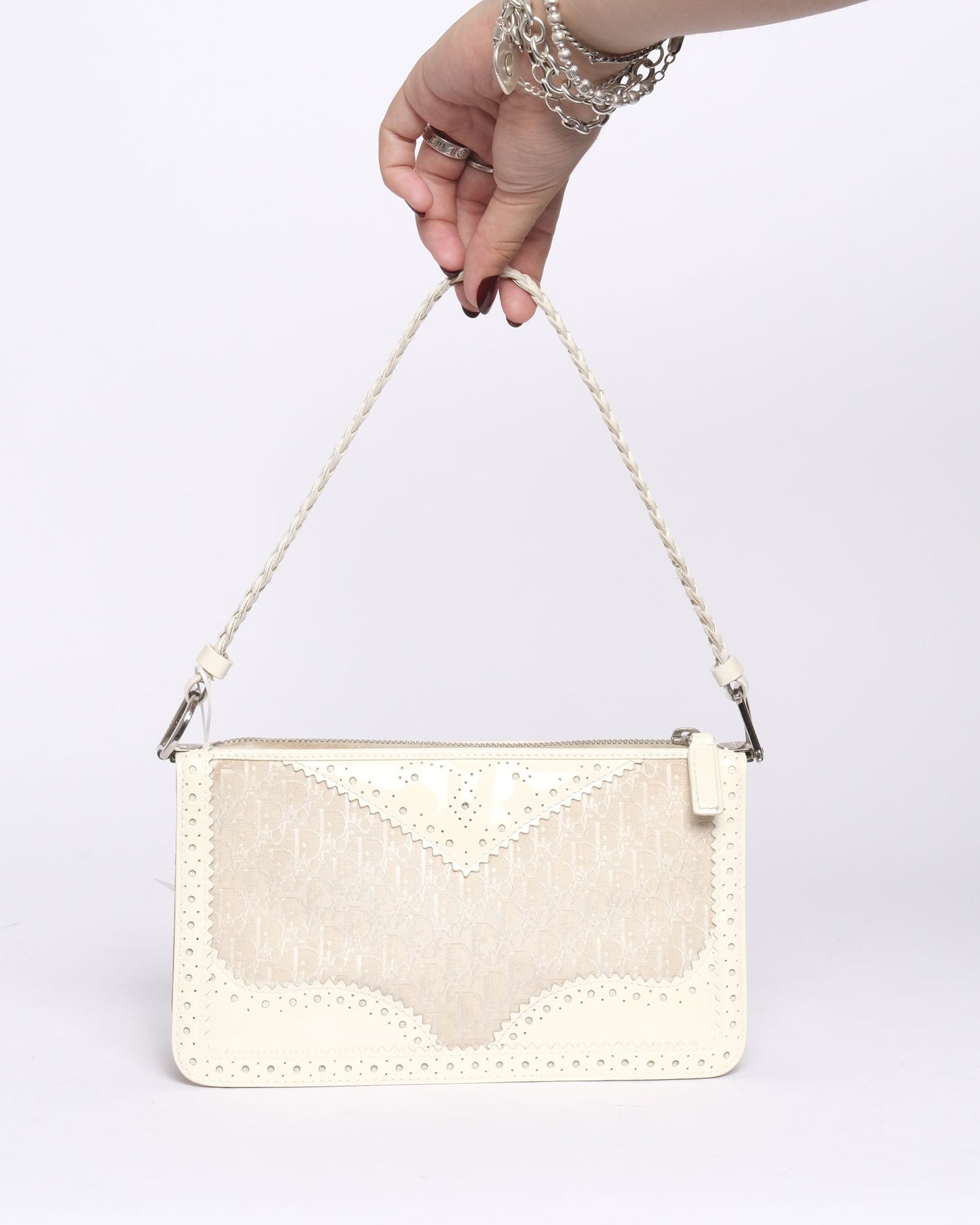 Christian Dior White & Patent Leather Embroidered Braided Handle Pochette