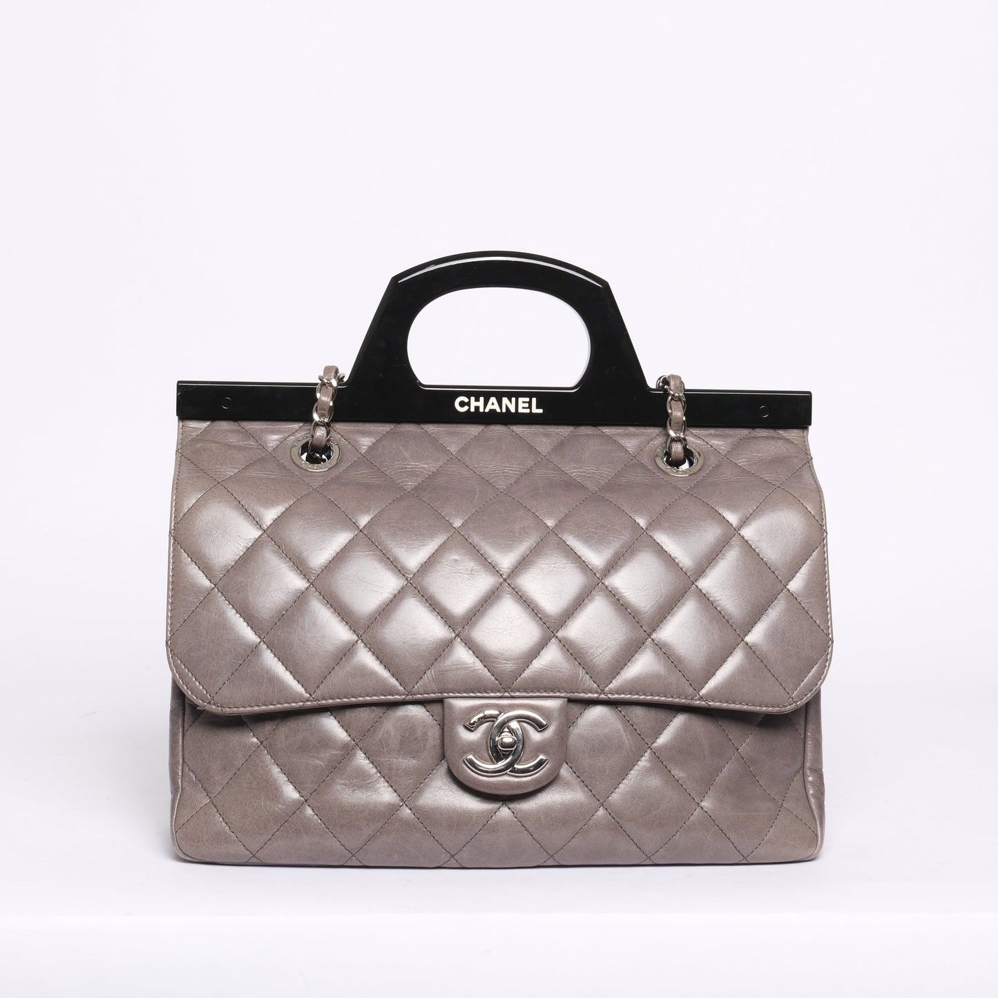Chanel Gray & Black Lambskin Quilted Acrylic Handle Delivery Flap