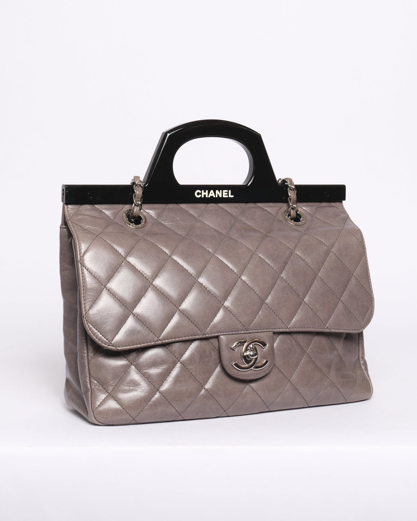 Chanel Gray & Black Lambskin Quilted Acrylic Handle Delivery Flap