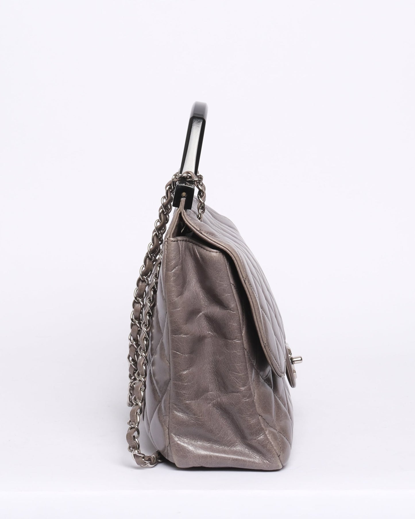 Chanel Gray & Black Lambskin Quilted Acrylic Handle Delivery Flap