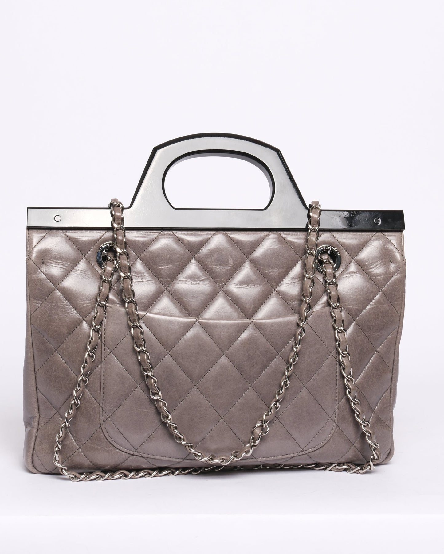 Chanel Gray & Black Lambskin Quilted Acrylic Handle Delivery Flap