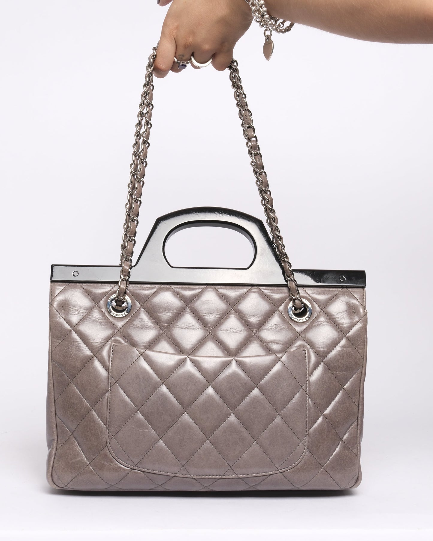 Chanel Gray & Black Lambskin Quilted Acrylic Handle Delivery Flap