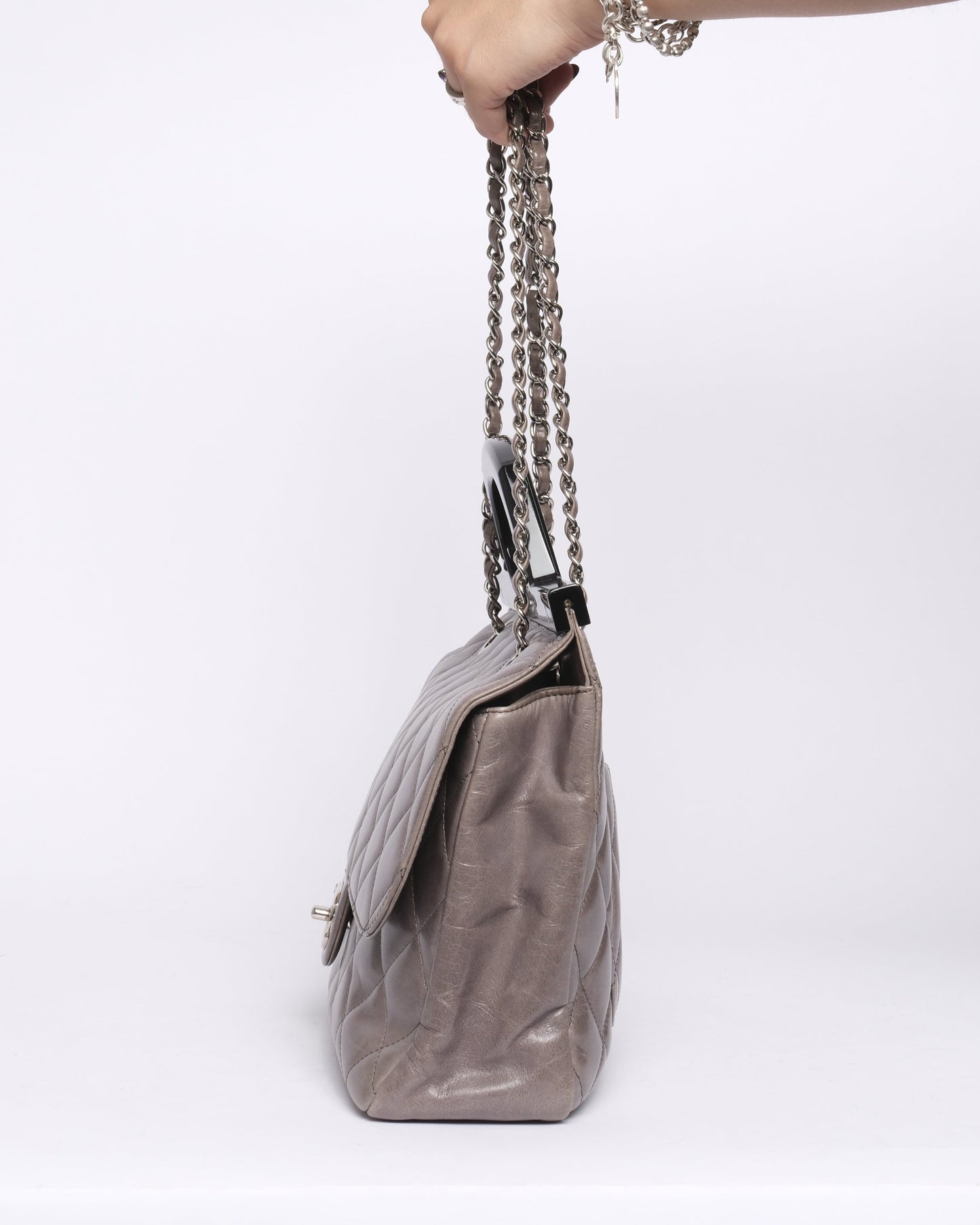 Chanel Gray & Black Lambskin Quilted Acrylic Handle Delivery Flap