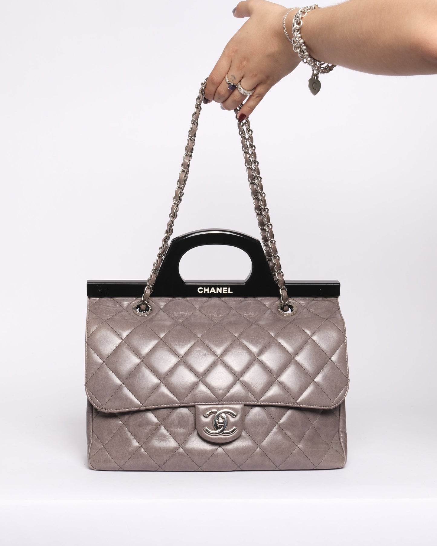 Chanel Gray & Black Lambskin Quilted Acrylic Handle Delivery Flap