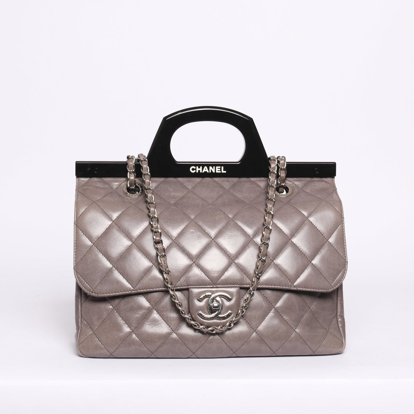 Chanel Gray & Black Lambskin Quilted Acrylic Handle Delivery Flap