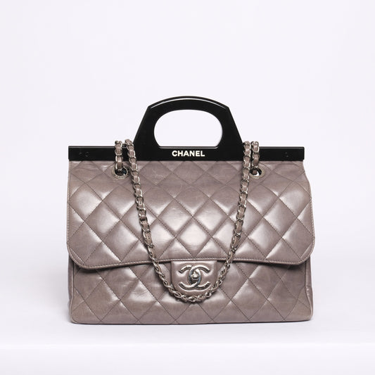 Chanel Gray & Black Lambskin Quilted Acrylic Handle Delivery Flap