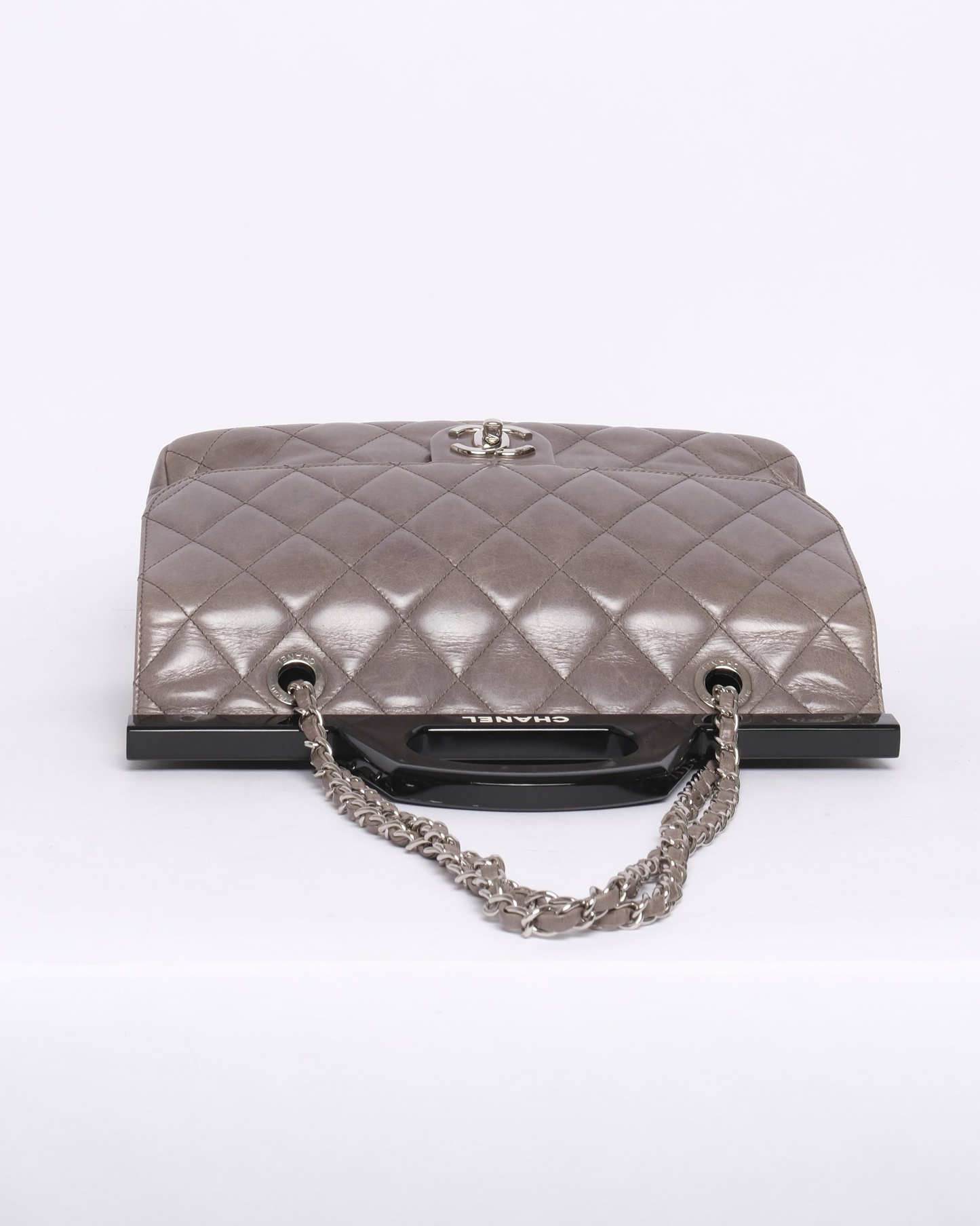 Chanel Gray & Black Lambskin Quilted Acrylic Handle Delivery Flap