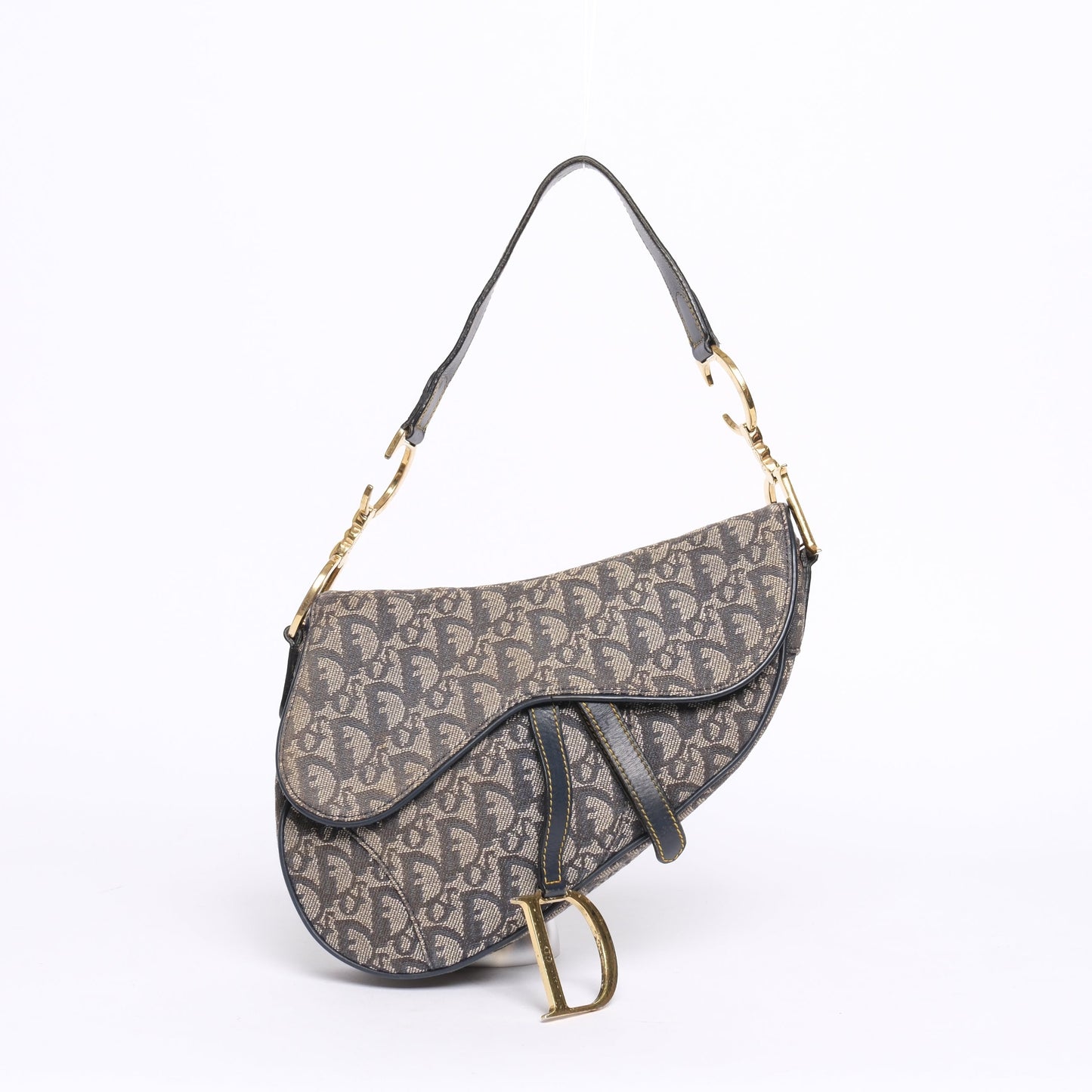 Christian Dior Navy Canvas & Leather Trotter Monogram Saddle Bag