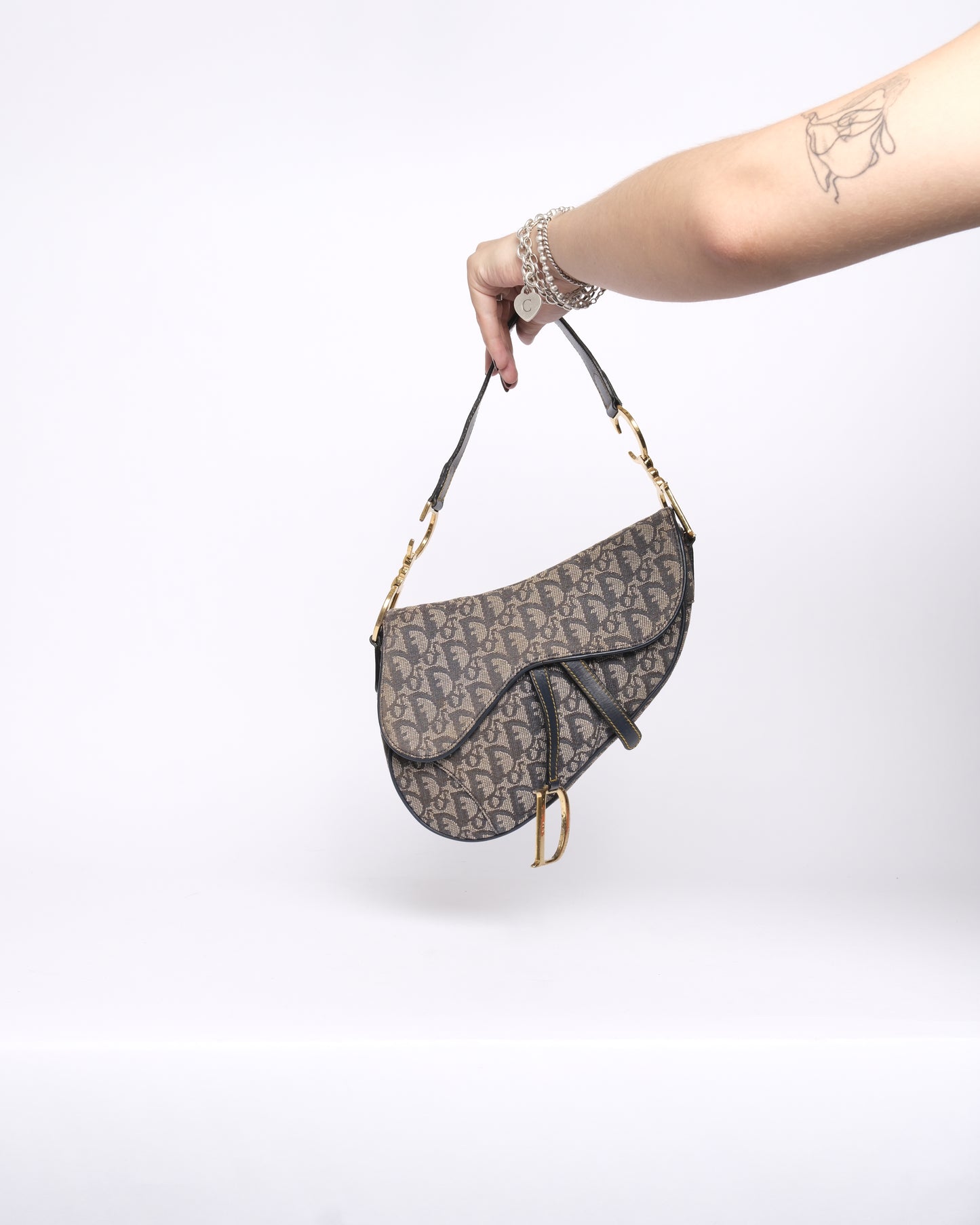 Christian Dior Navy Canvas & Leather Trotter Monogram Saddle Bag